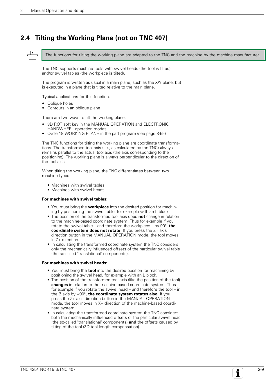 4 tilting the working plane (not on tnc 407) | HEIDENHAIN TNC 407 (280 580) User Manual User Manual | Page 47 / 376