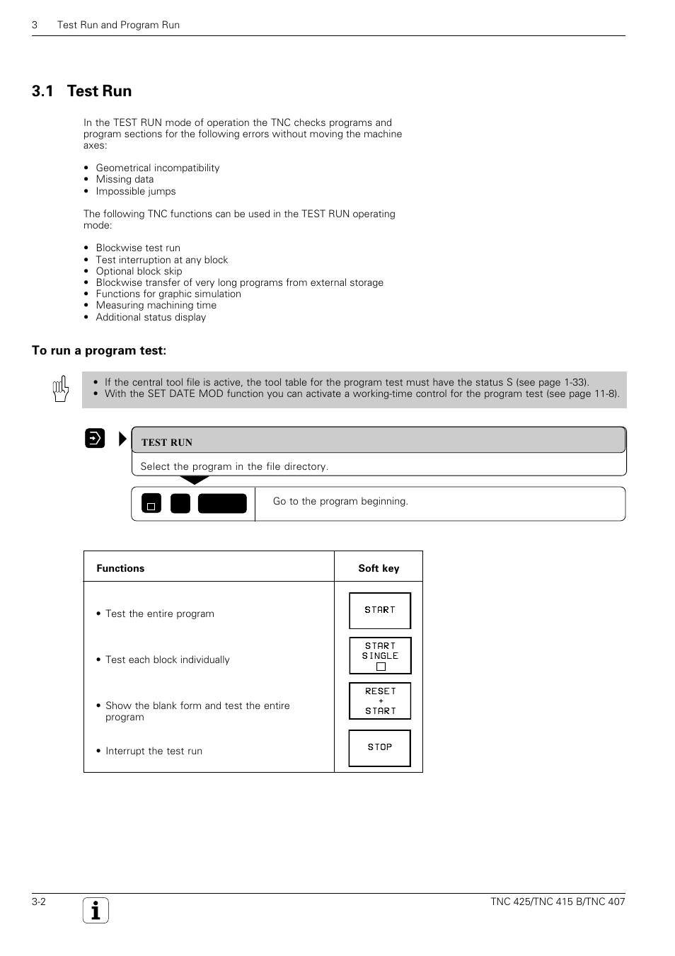 Test run, Test part program for errors, 1 test run | HEIDENHAIN TNC 407 (280 580) User Manual User Manual | Page 50 / 376