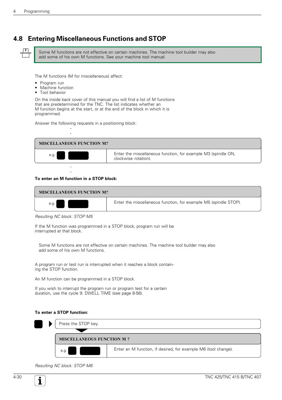 Enter program stop in a program, Stop, 8 entering miscellaneous functions and stop | HEIDENHAIN TNC 407 (280 580) User Manual User Manual | Page 89 / 376