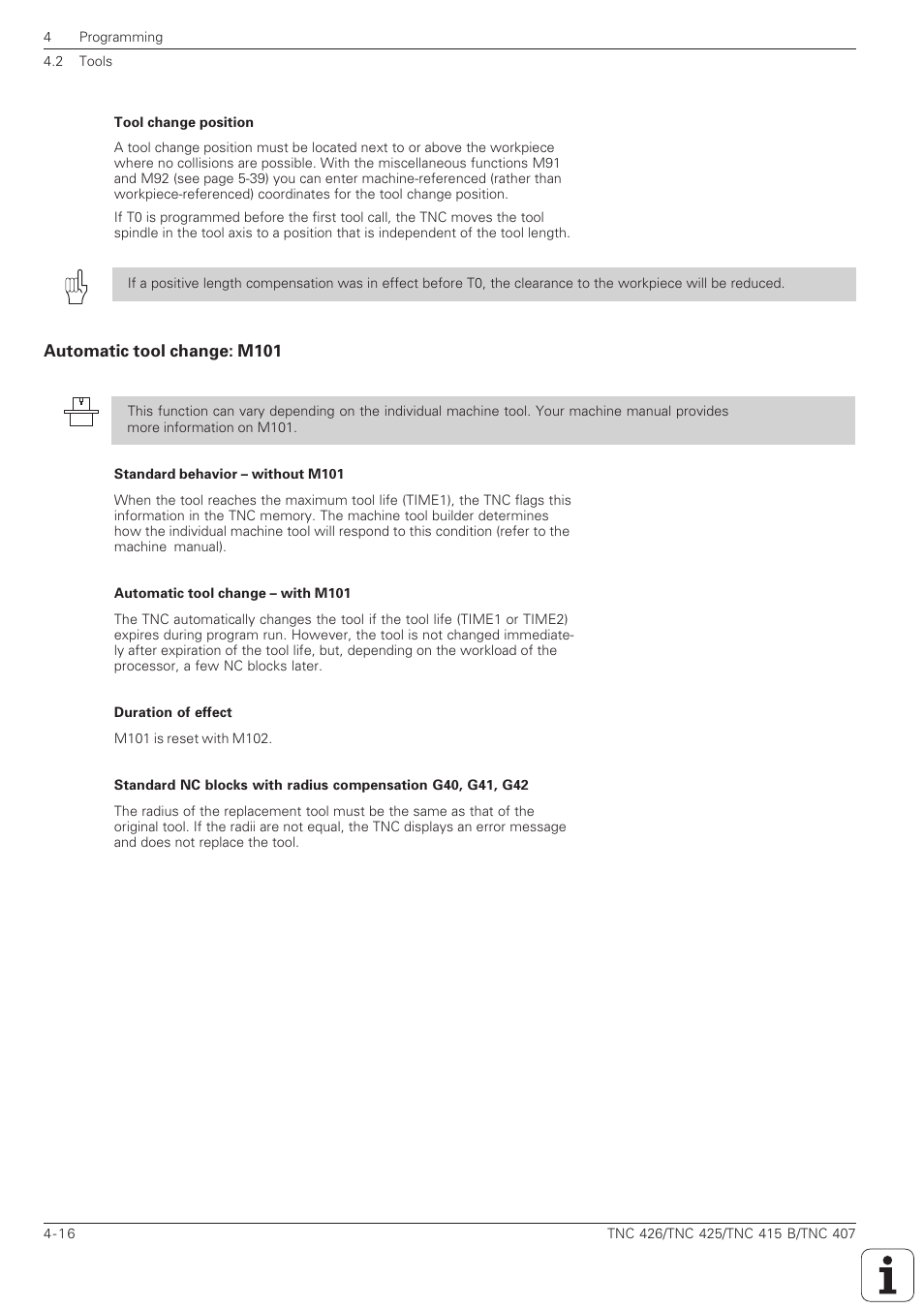 Automatic tool change: m101 -16 | HEIDENHAIN TNC 407 (280 580) ISO Programming User Manual | Page 113 / 333