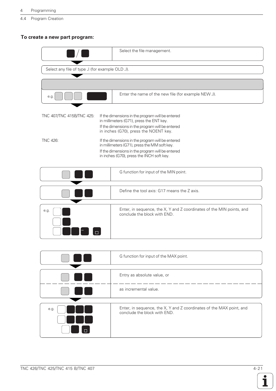 To create a new part program -21 | HEIDENHAIN TNC 407 (280 580) ISO Programming User Manual | Page 118 / 333