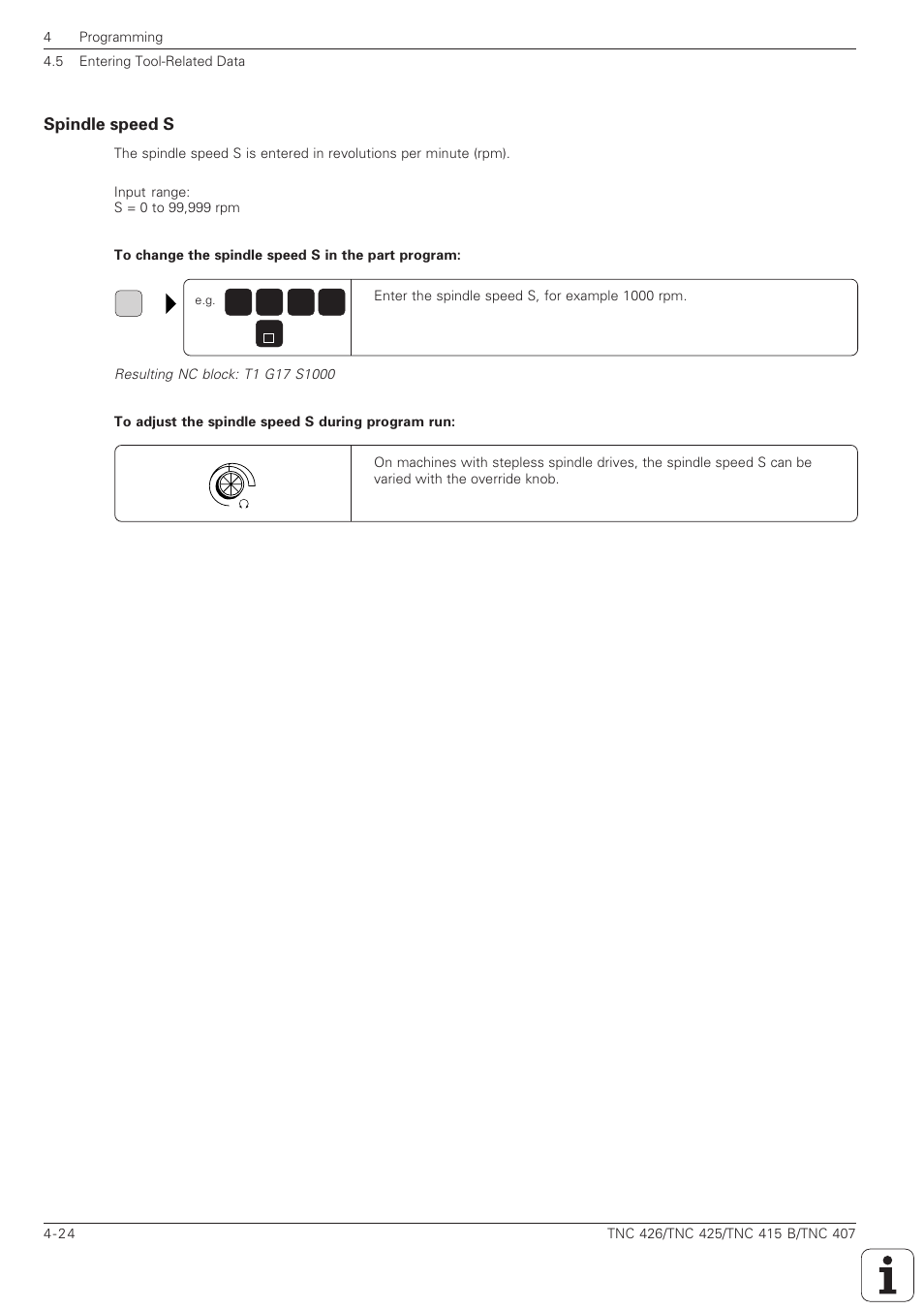 Spindle speed s -24 | HEIDENHAIN TNC 407 (280 580) ISO Programming User Manual | Page 121 / 333