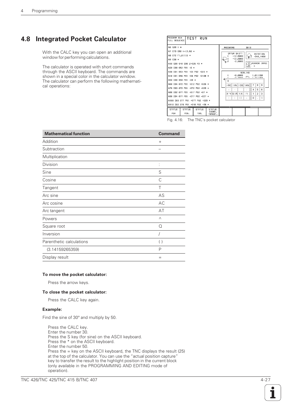 Pocket calculator, Tnc 426 only), Calc | Integrated pocket calculator -27, 8 integrated pocket calculator | HEIDENHAIN TNC 407 (280 580) ISO Programming User Manual | Page 124 / 333
