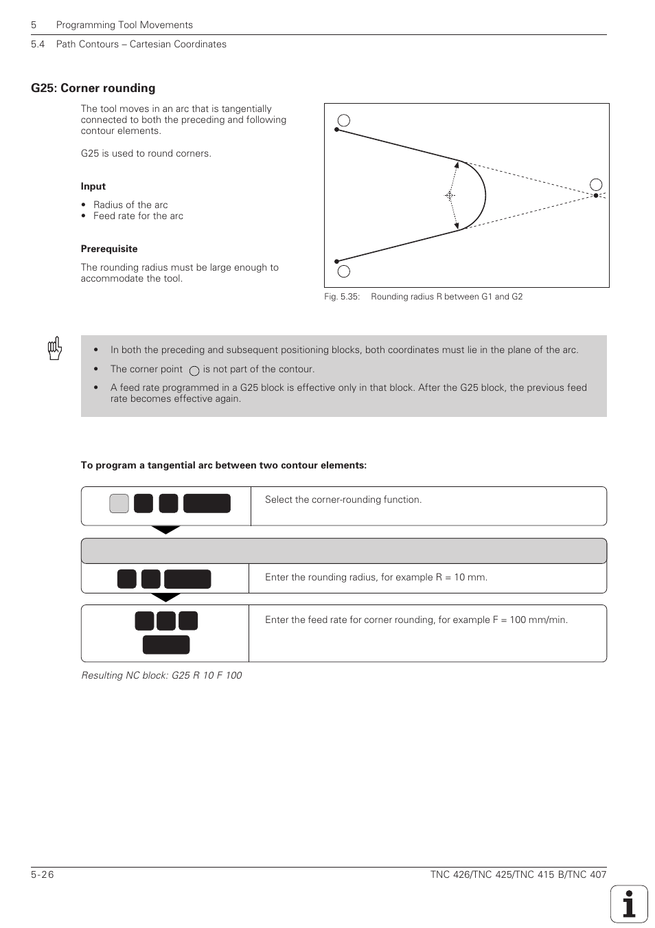 G25: corner rounding -26, Corner rounding with radius r | HEIDENHAIN TNC 407 (280 580) ISO Programming User Manual | Page 159 / 333