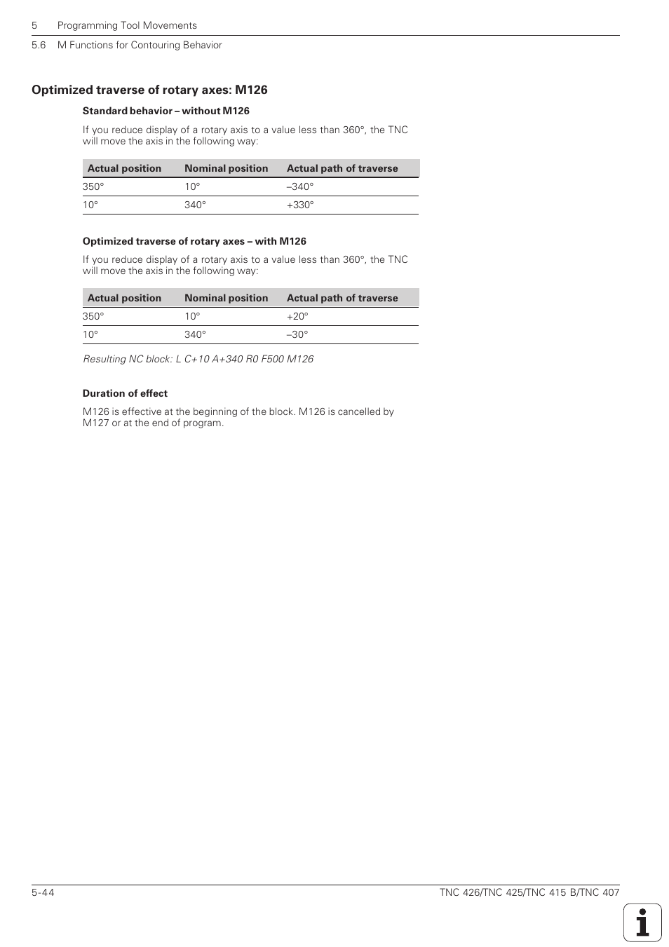 Optimized traverse of rotary axes: m126 -44 | HEIDENHAIN TNC 407 (280 580) ISO Programming User Manual | Page 177 / 333