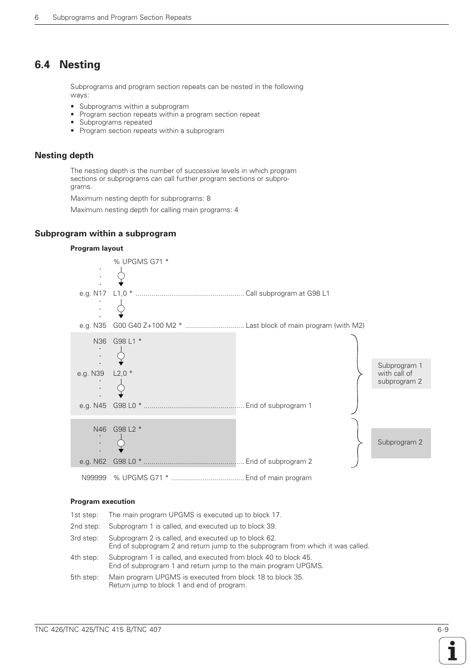 Nesting -9, Nesting depth -9 subprogram within a subprogram -9, 4 nesting | HEIDENHAIN TNC 407 (280 580) ISO Programming User Manual | Page 187 / 333