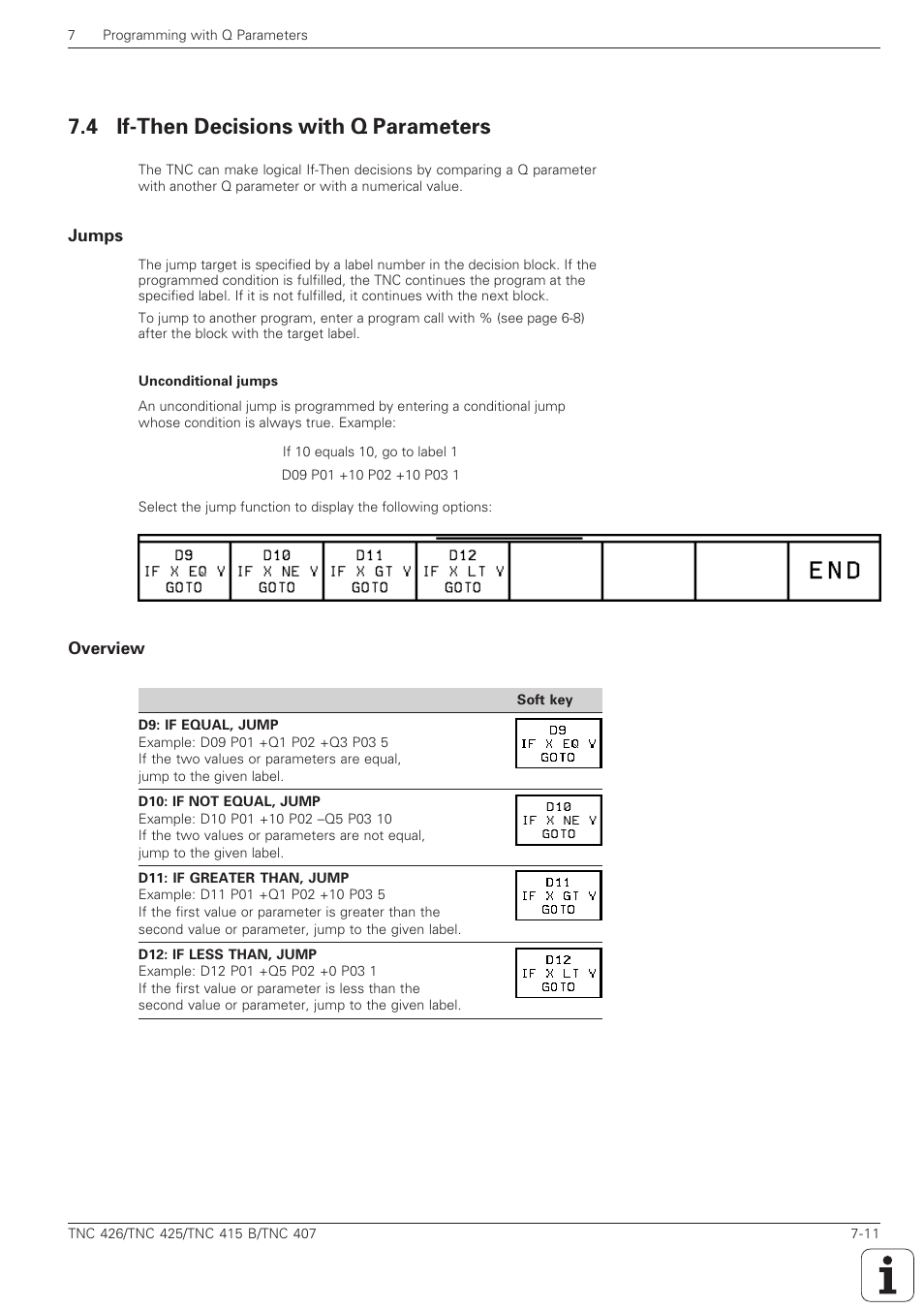 If-then decisions with q parameters -11, Jumps, Overview -11 | If/then conditions, jumps, 4 if-then decisions with q parameters | HEIDENHAIN TNC 407 (280 580) ISO Programming User Manual | Page 200 / 333