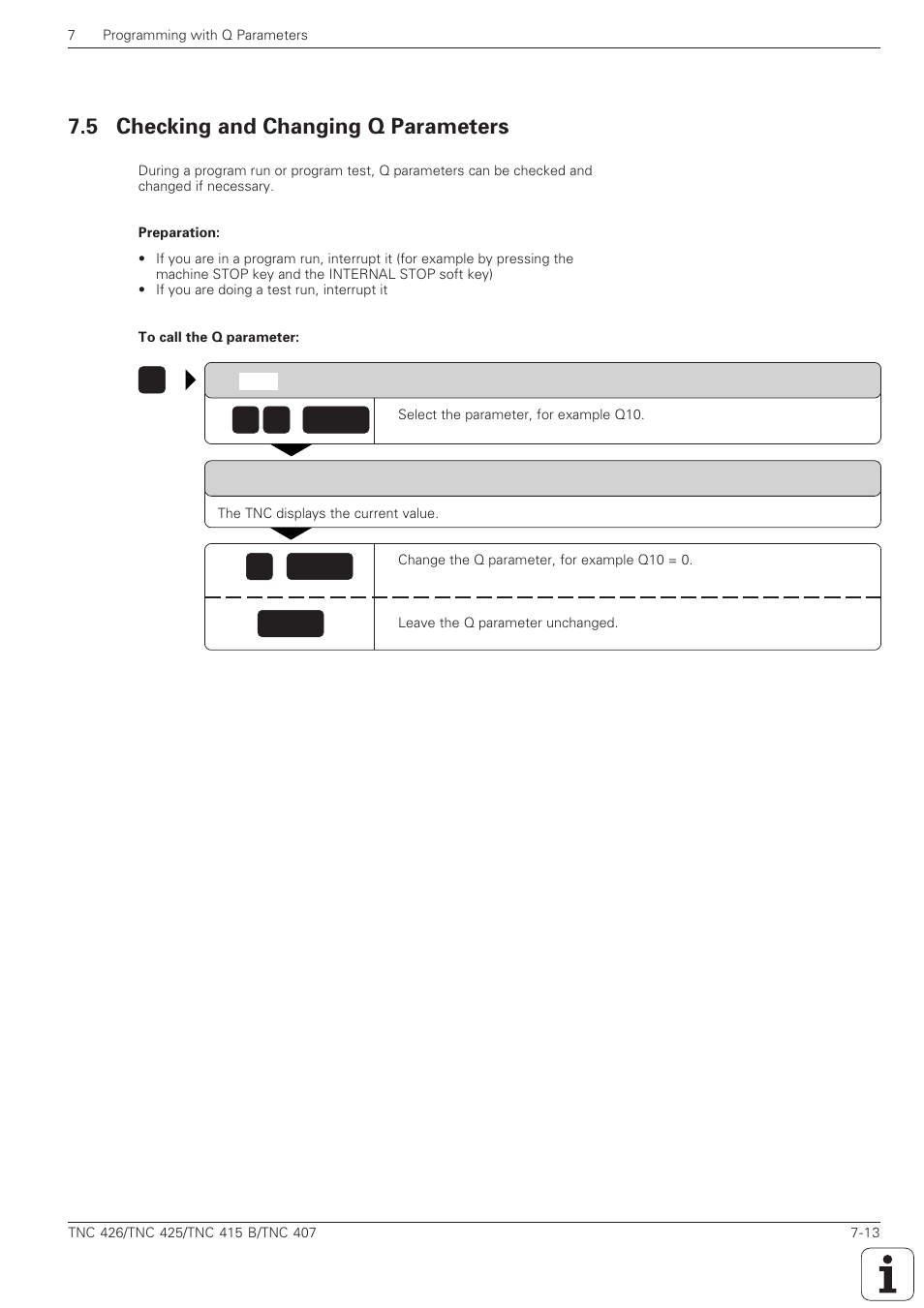 Checking and changing q parameters -13, 5 checking and changing q parameters, 10 q 0 | HEIDENHAIN TNC 407 (280 580) ISO Programming User Manual | Page 202 / 333