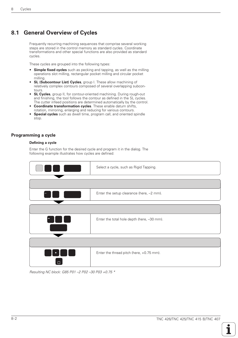 General overview of cycles -2, Programming a cycle -2, 1 general overview of cycles | HEIDENHAIN TNC 407 (280 580) ISO Programming User Manual | Page 222 / 333