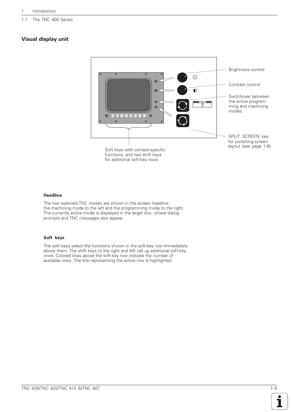 Visual display unit -5 | HEIDENHAIN TNC 407 (280 580) ISO Programming User Manual | Page 23 / 333