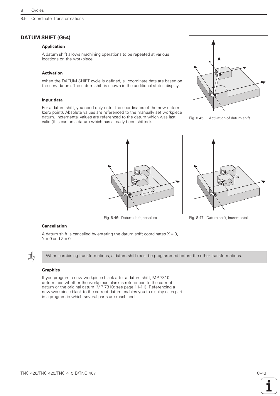 Datum shift (g54) -43, Datum shift (g53/g54), Datum shift (g54) | HEIDENHAIN TNC 407 (280 580) ISO Programming User Manual | Page 263 / 333