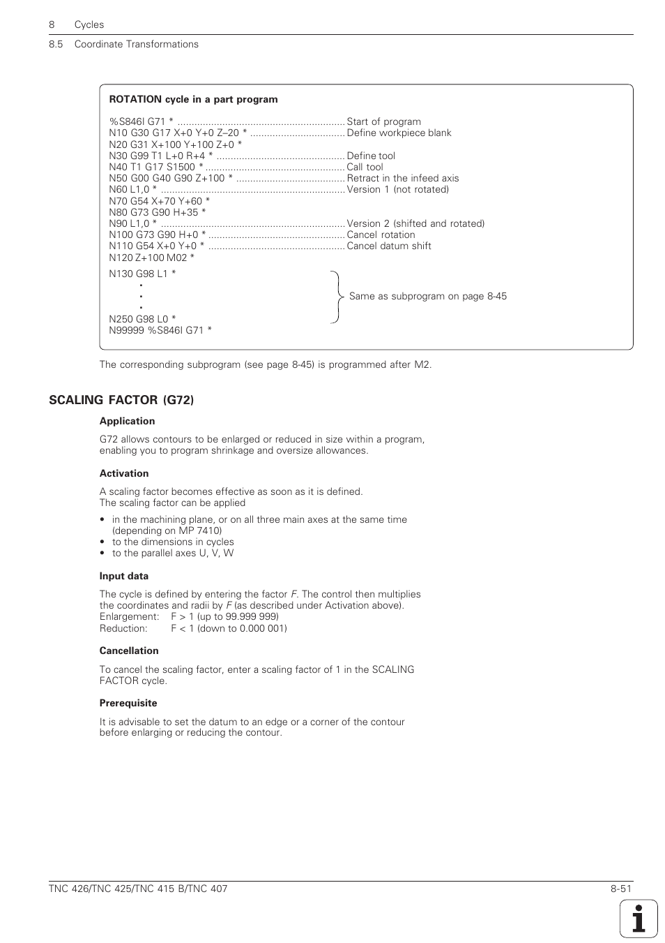 Scaling factor (g72) -51, Scaling (g72) | HEIDENHAIN TNC 407 (280 580) ISO Programming User Manual | Page 271 / 333
