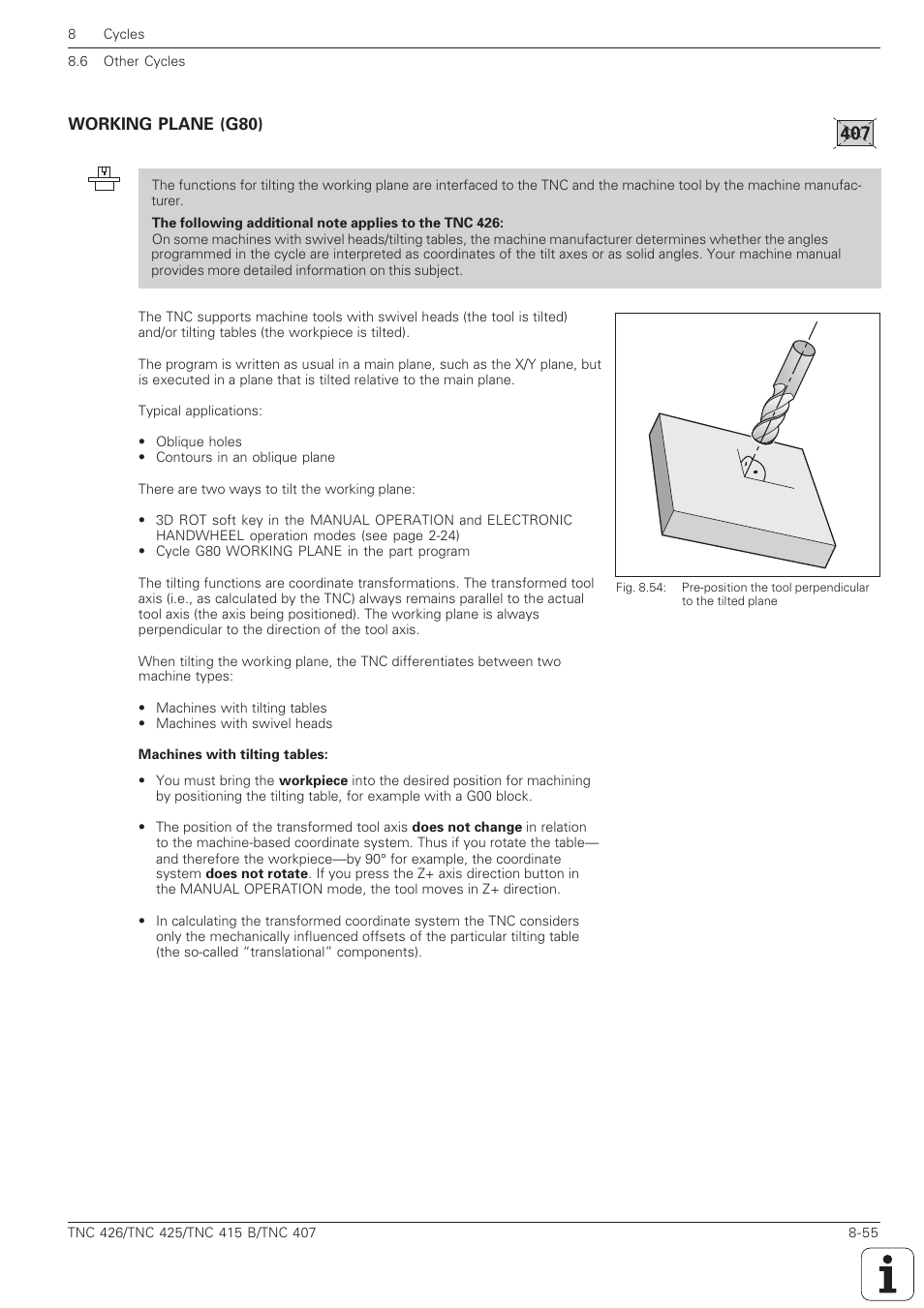 Working plane (g80) -55 | HEIDENHAIN TNC 407 (280 580) ISO Programming User Manual | Page 275 / 333