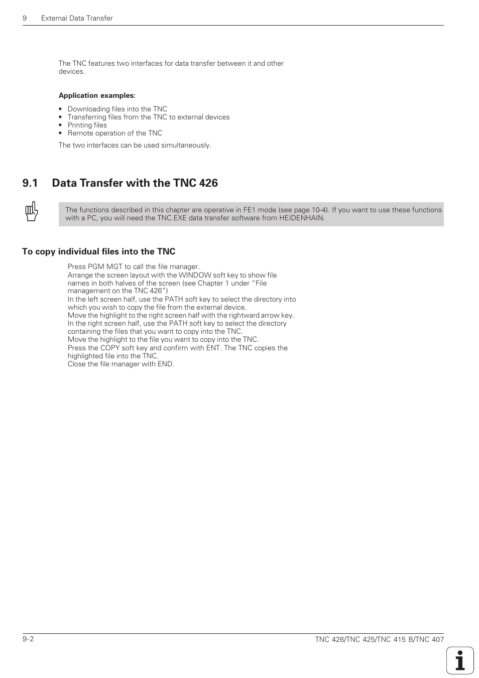Data transfer with the tnc 426 -2, To copy individual files into the tnc -2, 1 data transfer with the tnc 426 | HEIDENHAIN TNC 407 (280 580) ISO Programming User Manual | Page 280 / 333
