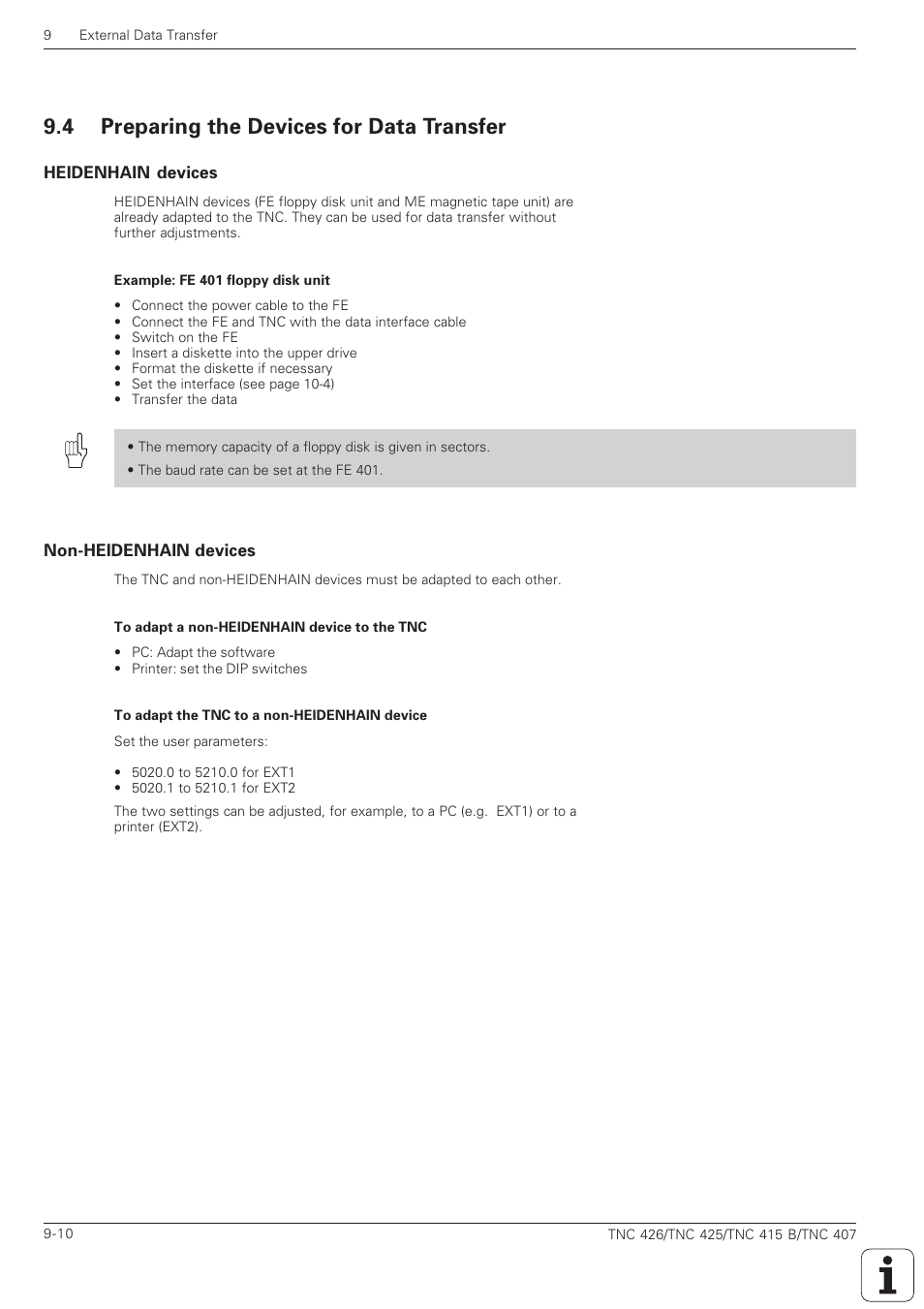 Preparing the devices for data transfer -10, Heidenhain devices -10 non-heidenhain devices -10, 4 preparing the devices for data transfer | HEIDENHAIN TNC 407 (280 580) ISO Programming User Manual | Page 288 / 333