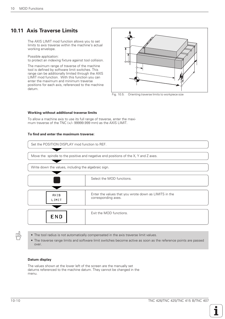 11 axis traverse limits -10, 11 axis traverse limits, Yz x | HEIDENHAIN TNC 407 (280 580) ISO Programming User Manual | Page 297 / 333