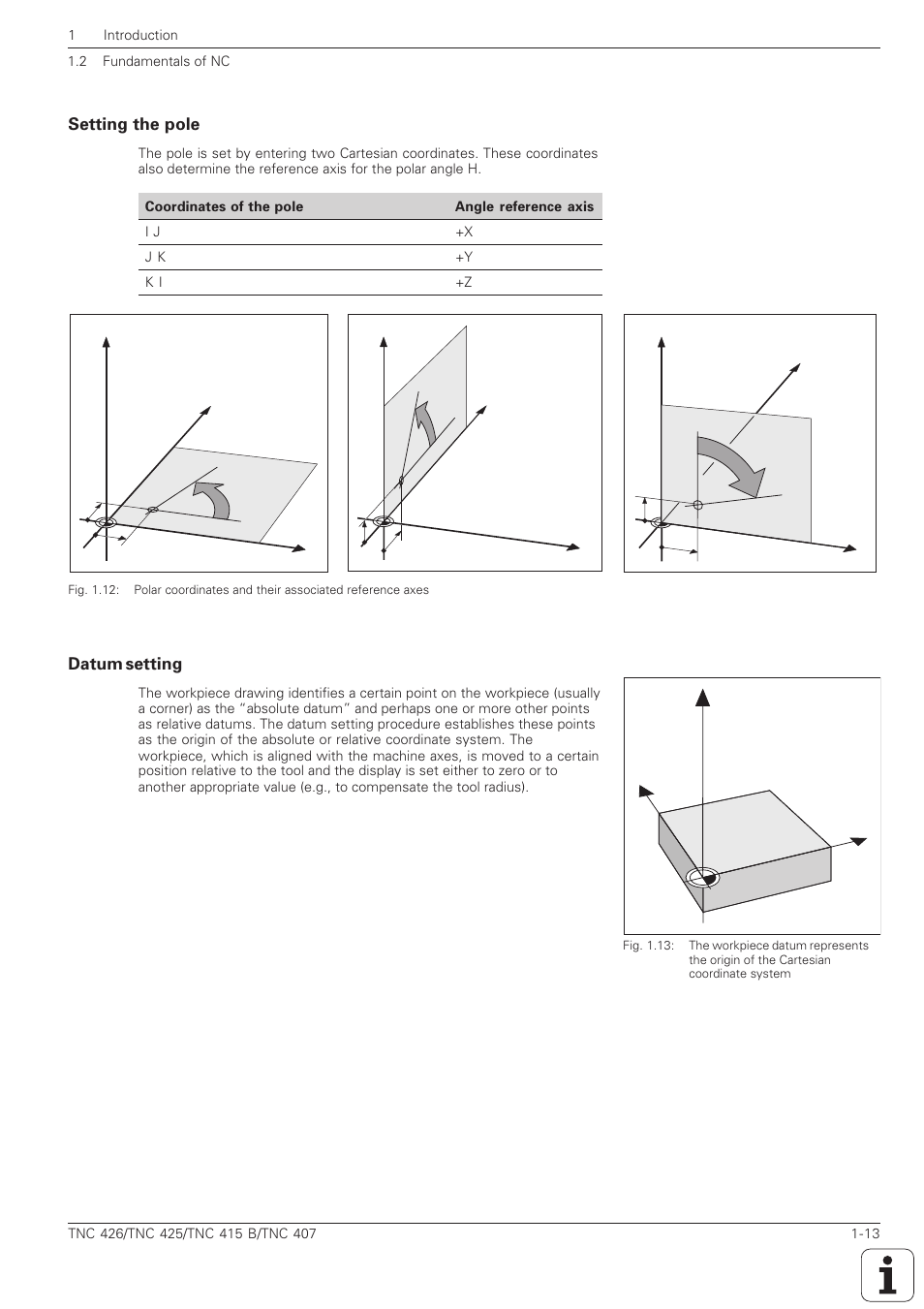 Setting the pole -13 datum setting -13 | HEIDENHAIN TNC 407 (280 580) ISO Programming User Manual | Page 31 / 333