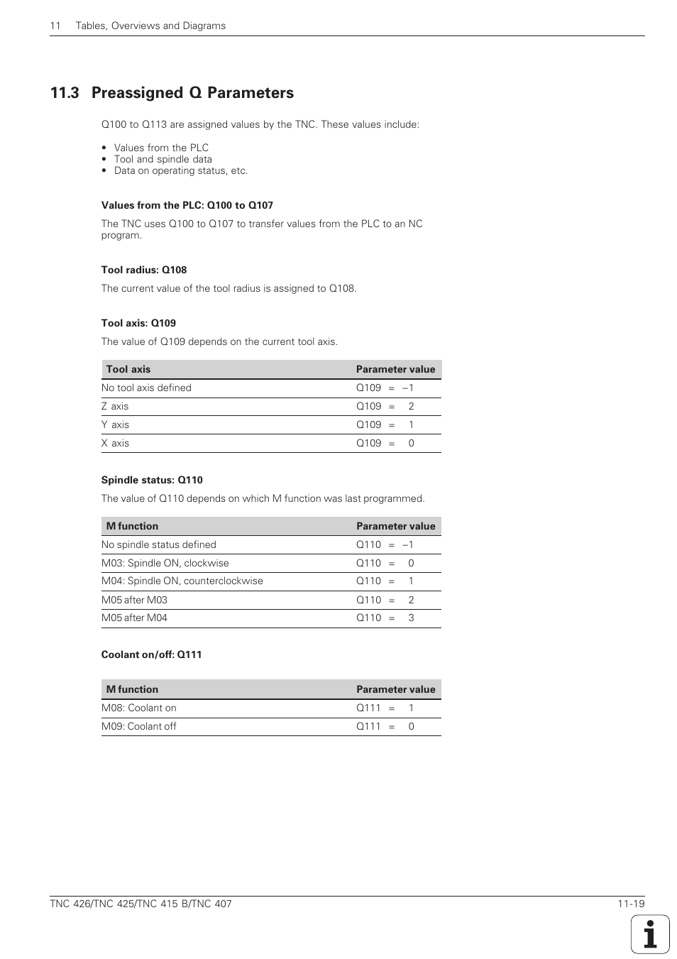 3 preassigned q parameters -19, 3 preassigned q parameters | HEIDENHAIN TNC 407 (280 580) ISO Programming User Manual | Page 316 / 333