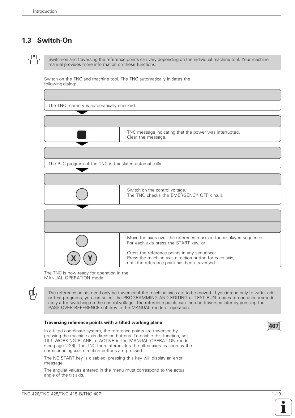 Cross over reference marks, Switch-on -19, 3 switch-on | HEIDENHAIN TNC 407 (280 580) ISO Programming User Manual | Page 37 / 333