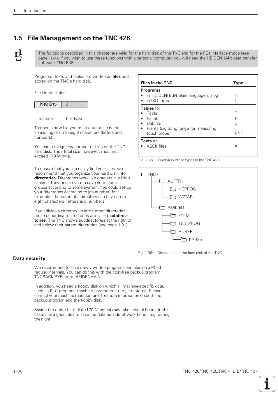 Pgm mgt, File management on the tnc 426 -30, Data security -30 | 5 file management on the tnc 426 | HEIDENHAIN TNC 407 (280 580) ISO Programming User Manual | Page 48 / 333