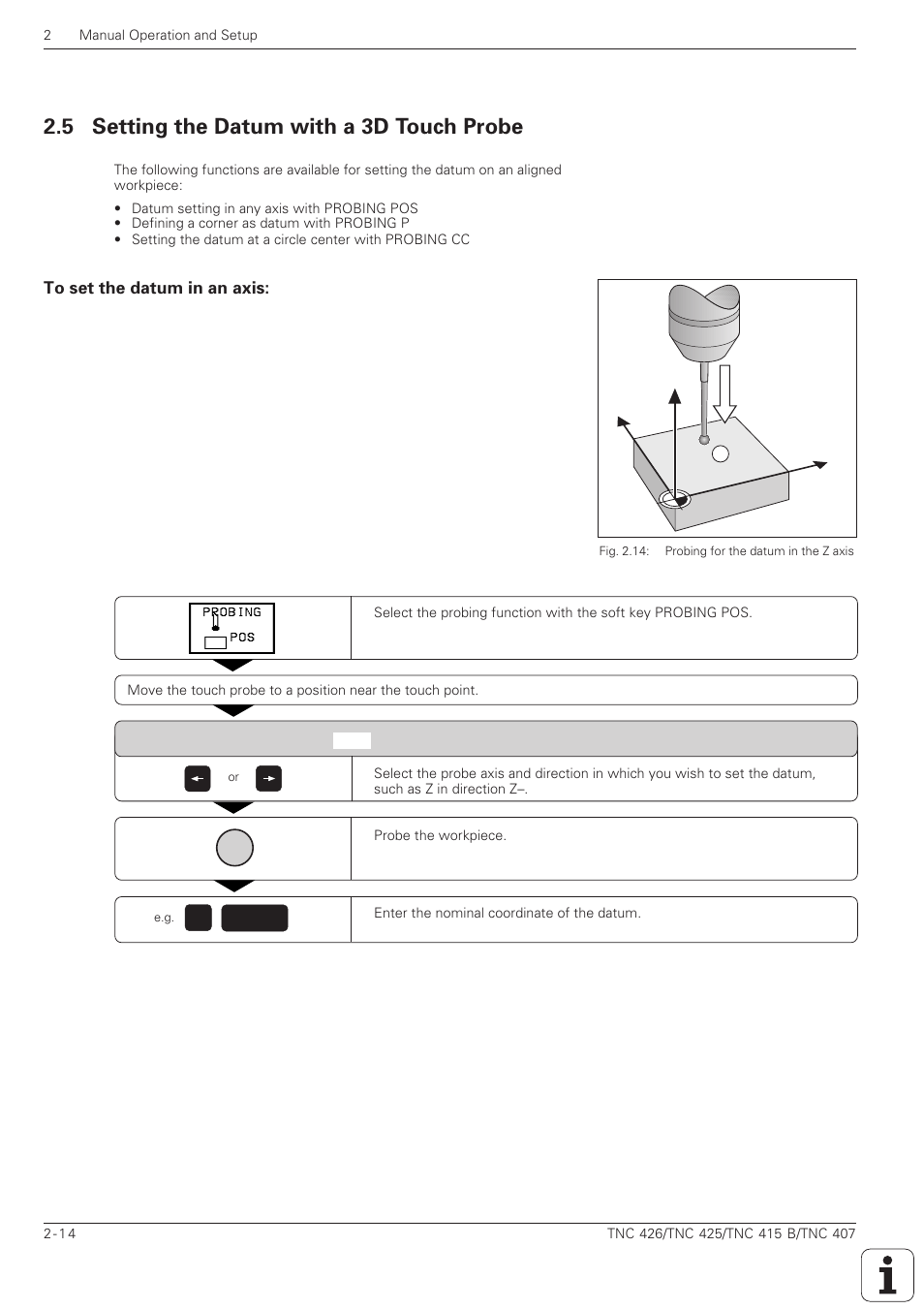 With 3d touch probe, Setting the datum with a 3d touch probe -14, To set the datum in an axis -14 | 5 setting the datum with a 3d touch probe, 0y x z | HEIDENHAIN TNC 407 (280 580) ISO Programming User Manual | Page 75 / 333