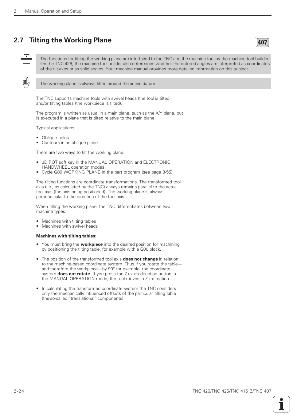 Tilting the working plane -24, 7 tilting the working plane | HEIDENHAIN TNC 407 (280 580) ISO Programming User Manual | Page 85 / 333
