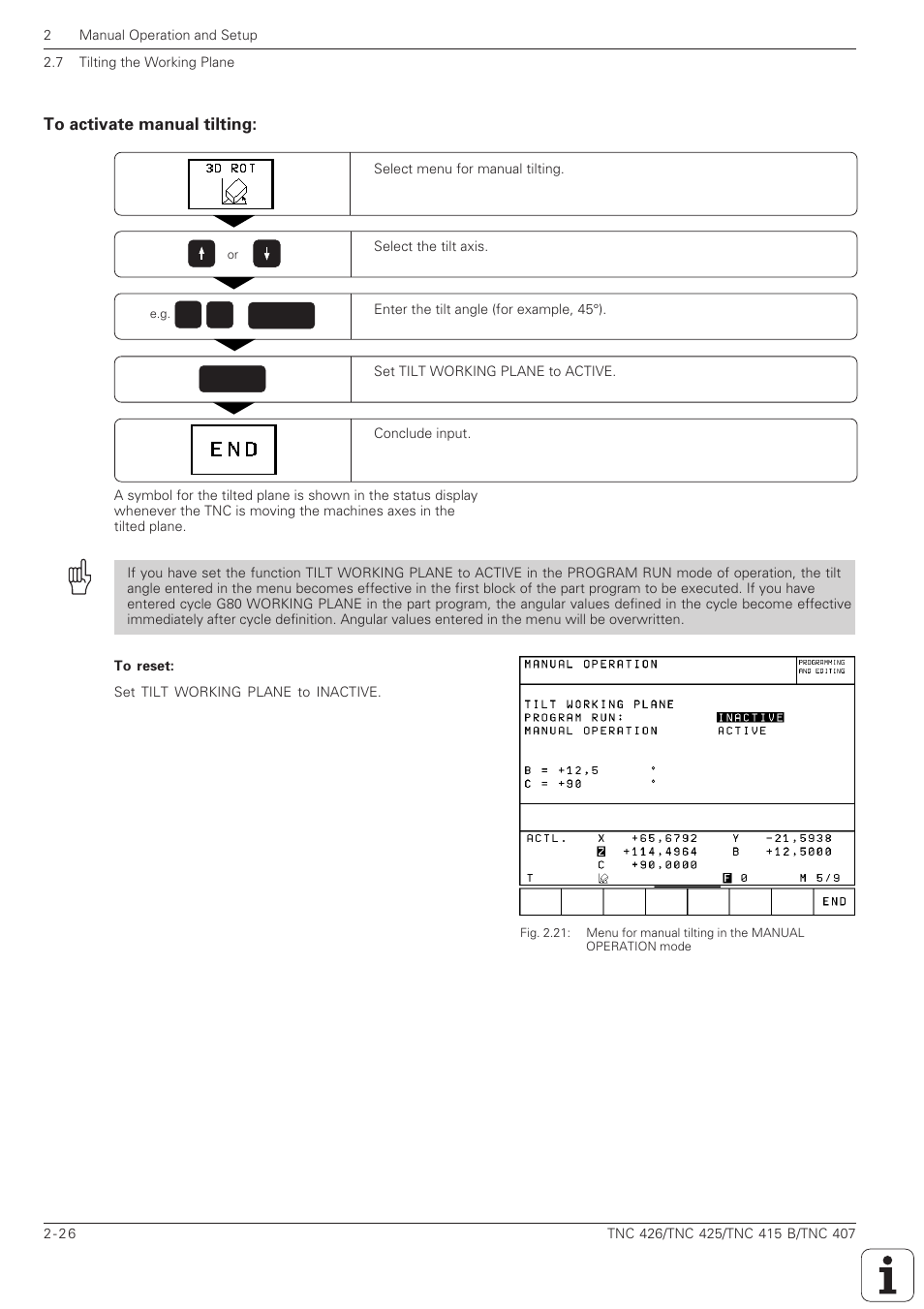 To activate manual tilting -26 | HEIDENHAIN TNC 407 (280 580) ISO Programming User Manual | Page 87 / 333
