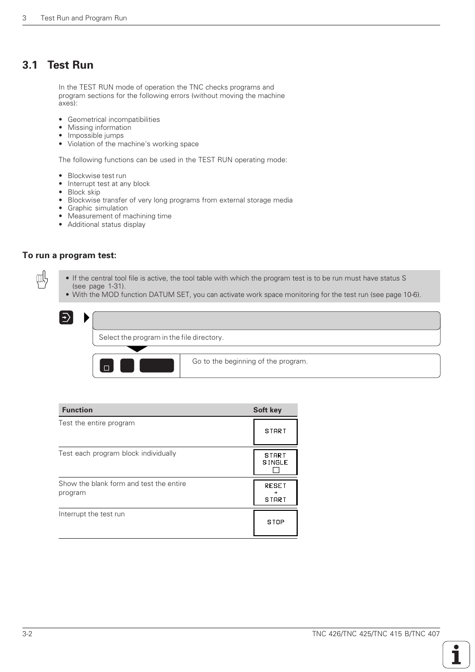 Test run, Test run and program run, Test run -2 | To run a program test -2, 1 test run | HEIDENHAIN TNC 407 (280 580) ISO Programming User Manual | Page 88 / 333