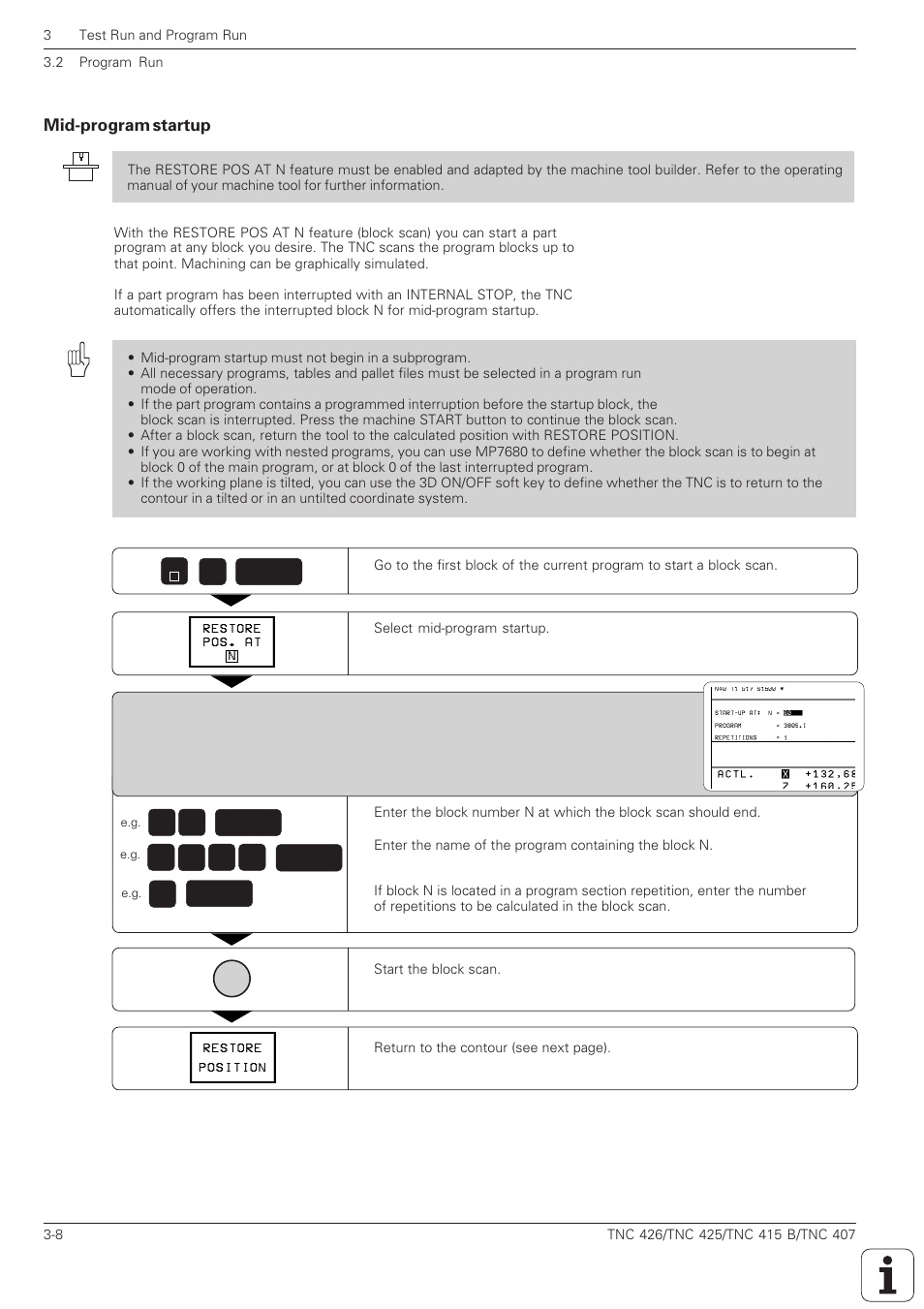 Mid-program startup -8 | HEIDENHAIN TNC 407 (280 580) ISO Programming User Manual | Page 94 / 333