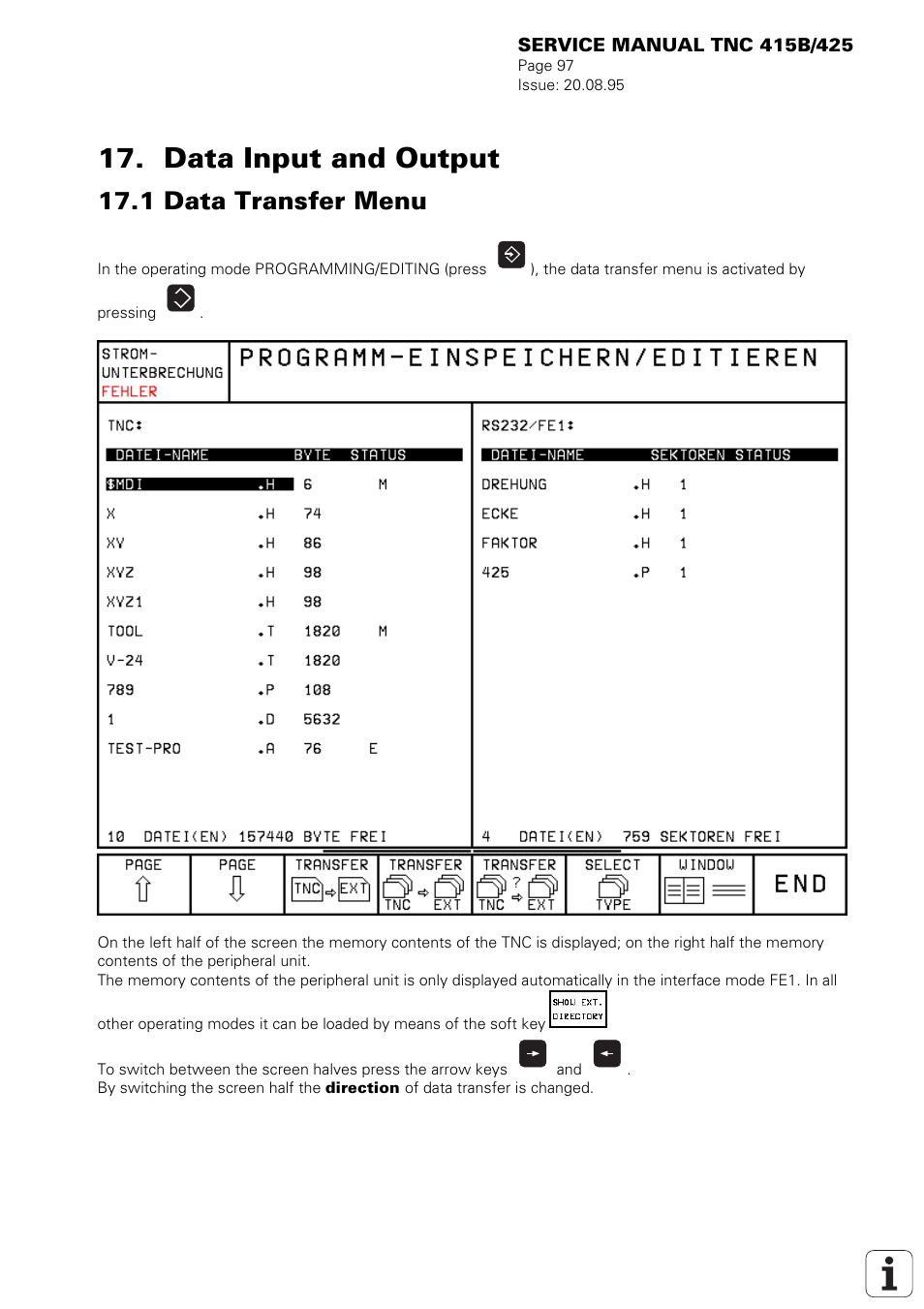Data input and output, 1 data transfer menu | HEIDENHAIN TNC 415 (259 9x0) Service Manual User Manual | Page 102 / 252