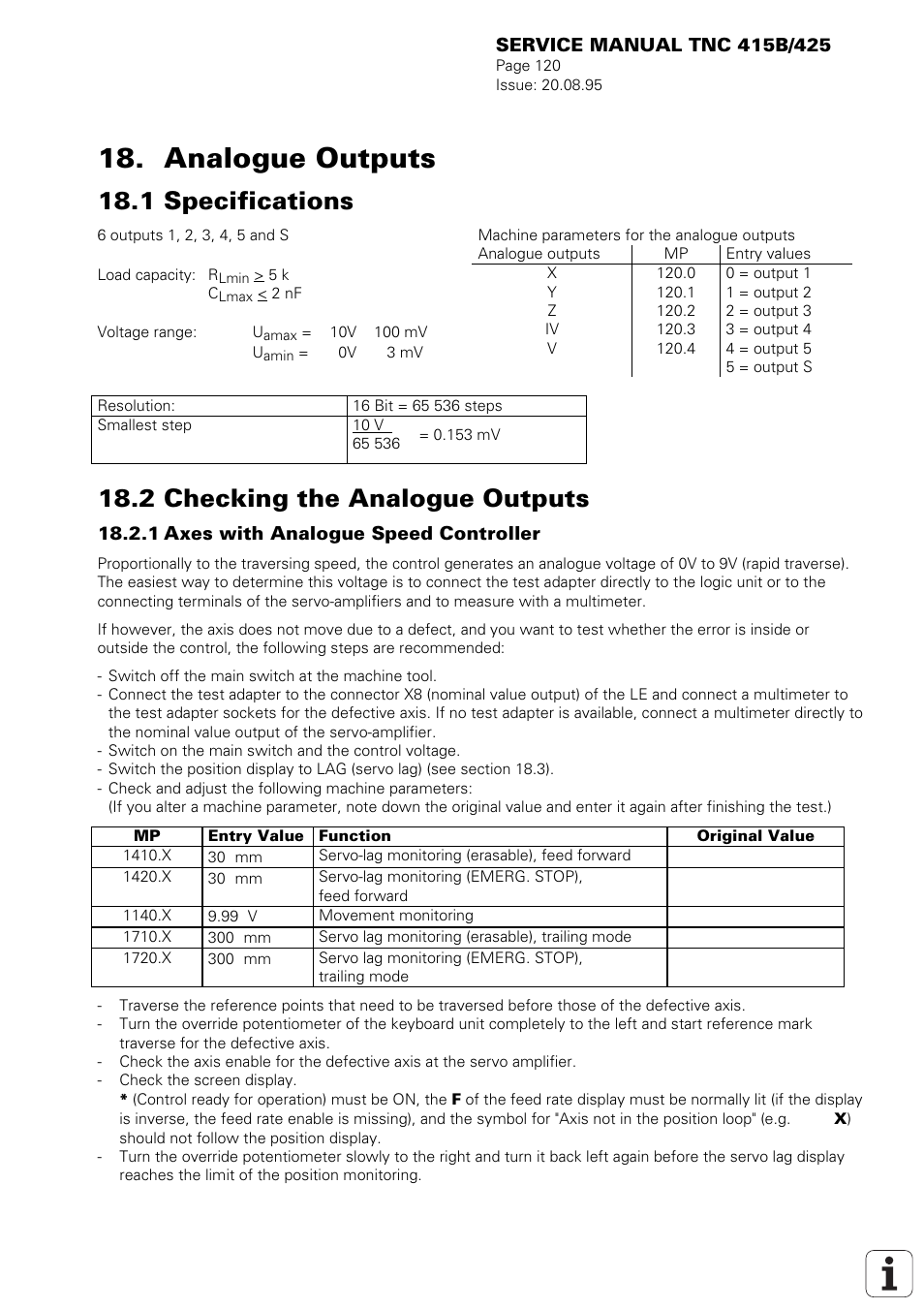 Analogue outputs, 1 specifications, 2 checking the analogue outputs | HEIDENHAIN TNC 415 (259 9x0) Service Manual User Manual | Page 125 / 252