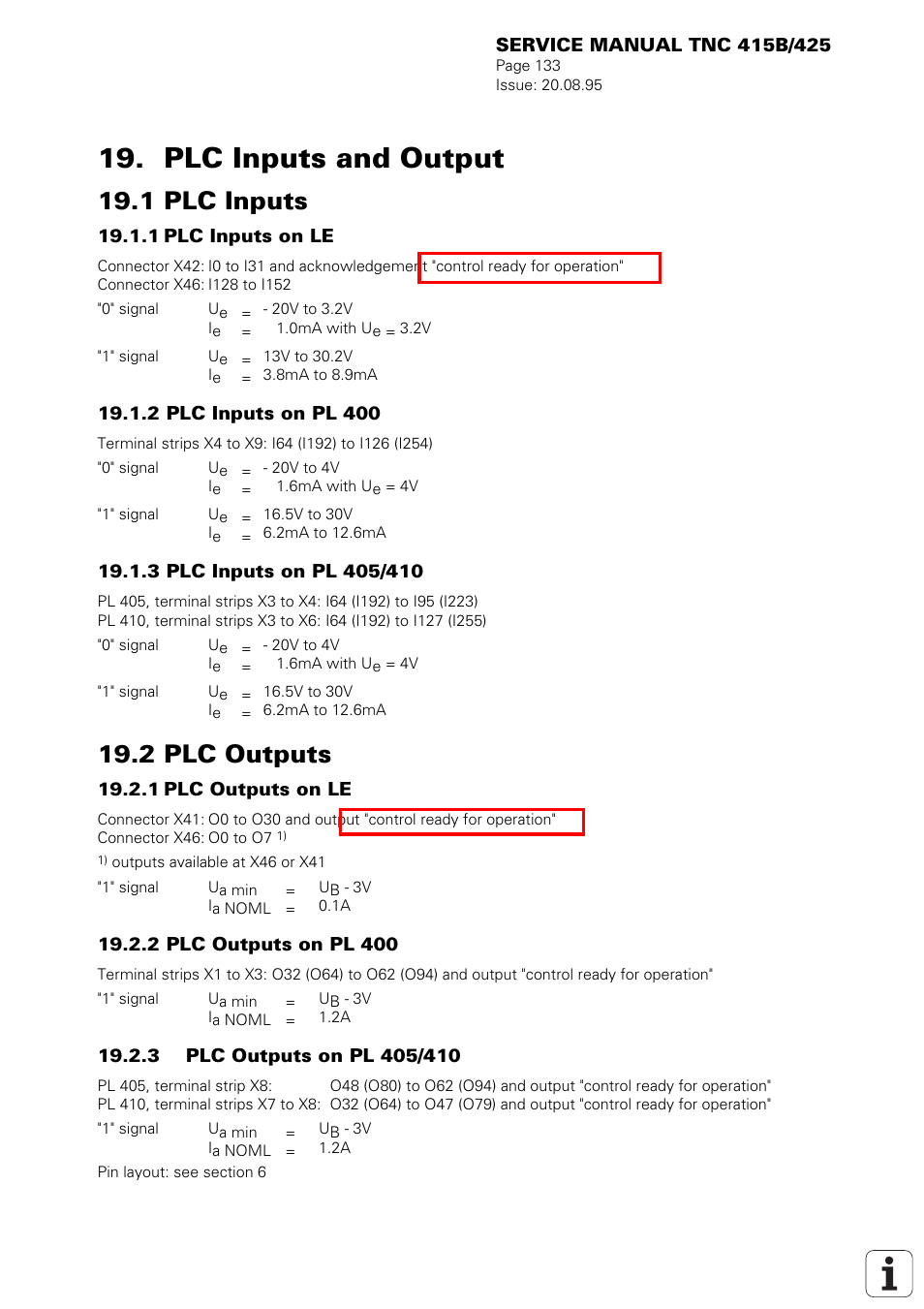 Plc inputs and outputs, 1 plc inputs 19.2 plc outputs, Pin no | Assignment, Plc inputs and output, 1 plc inputs, 2 plc outputs | HEIDENHAIN TNC 415 (259 9x0) Service Manual User Manual | Page 138 / 252