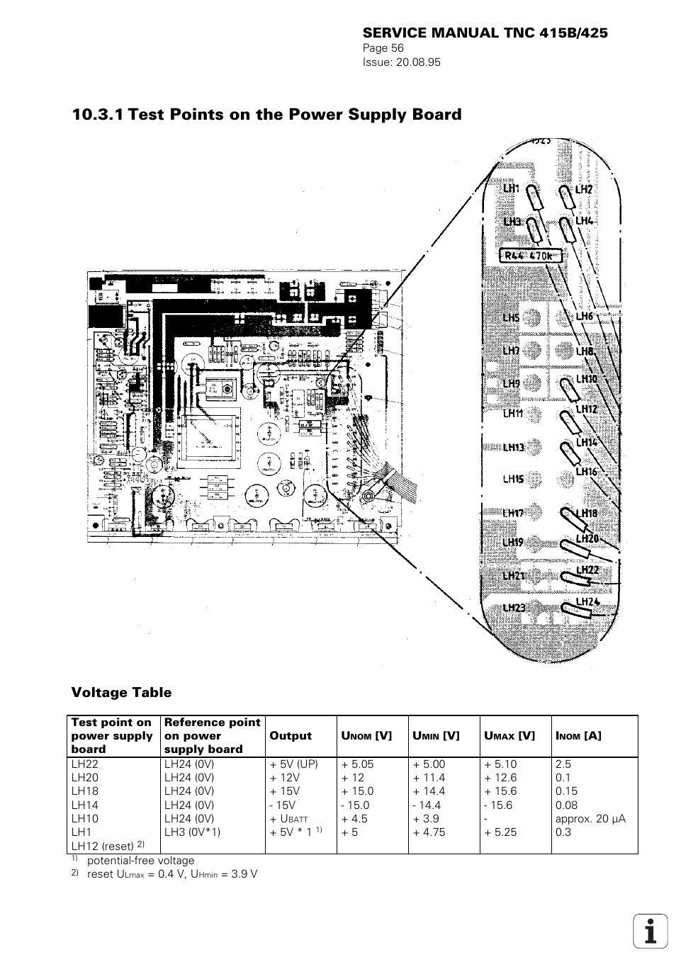1 test points on the power supply board, Voltage table | HEIDENHAIN TNC 415 (259 9x0) Service Manual User Manual | Page 59 / 252