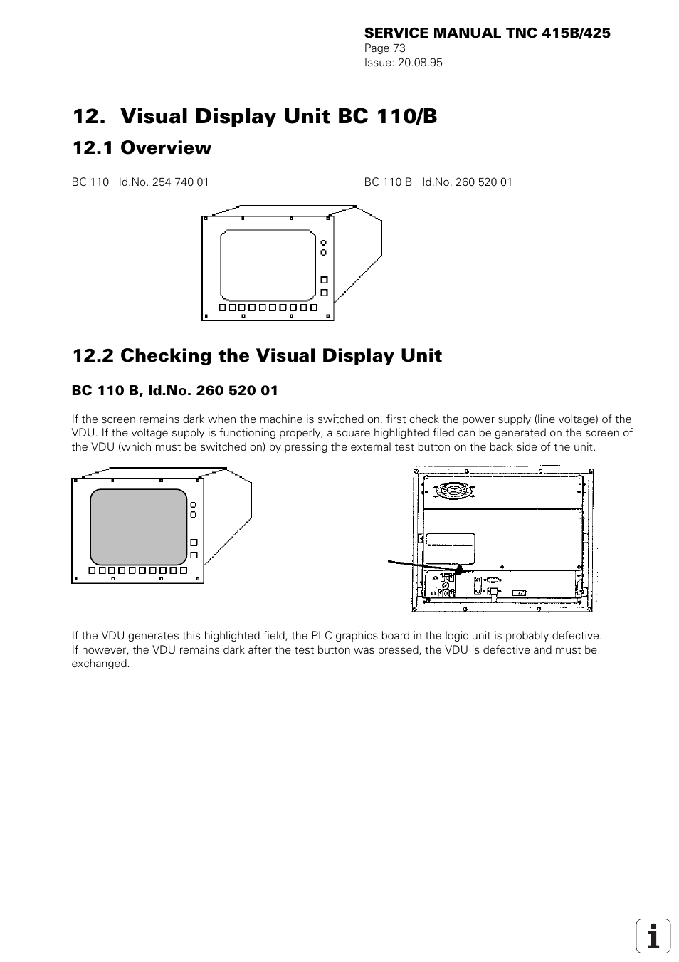 Visual display unit bc 110/b, 1 overview 12.2 checking the visual display unit, 1 overview | 2 checking the visual display unit | HEIDENHAIN TNC 415 (259 9x0) Service Manual User Manual | Page 78 / 252