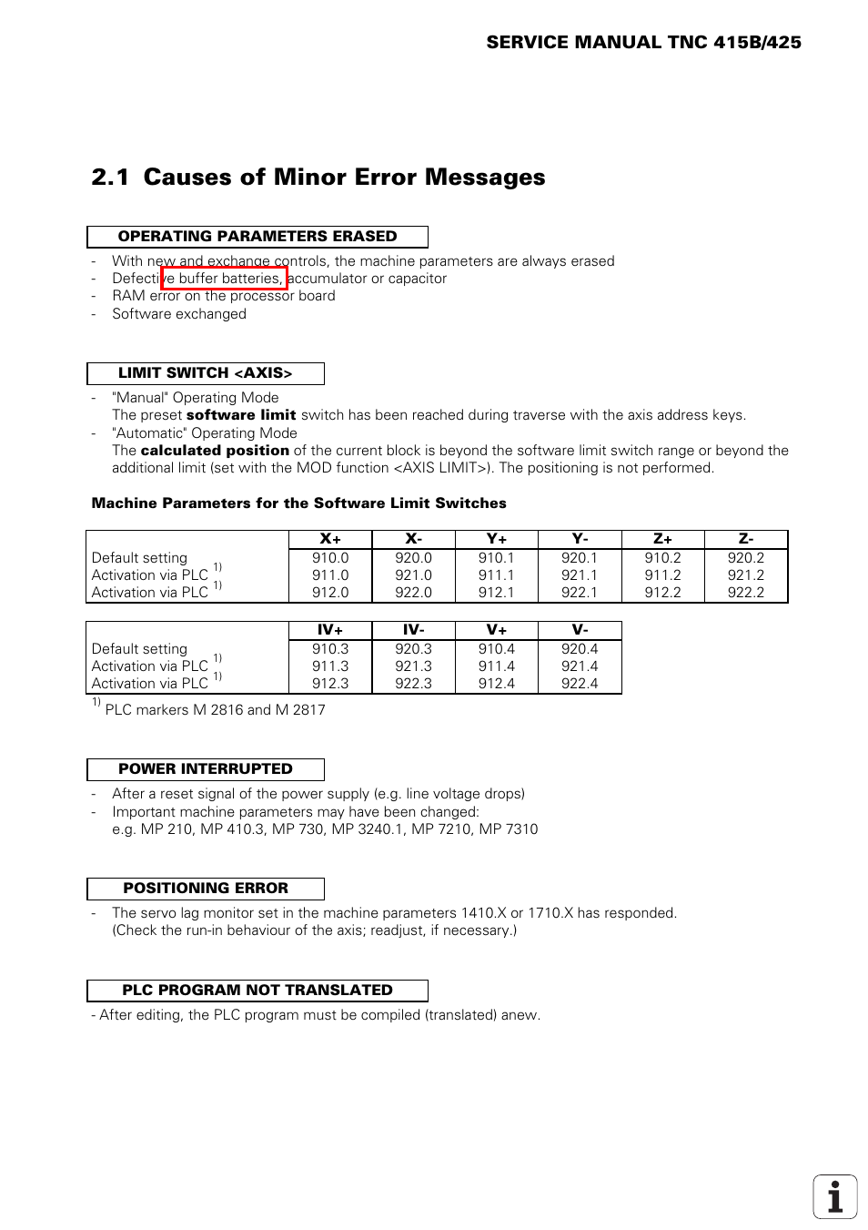 Causes of minor error messages, Operating parameters erased, Limit switch <axis | Plc program not translated, Positioning error, Power interrupted, 1 causes of minor error messages | HEIDENHAIN TNC 415 (259 9x0) Service Manual User Manual | Page 8 / 252