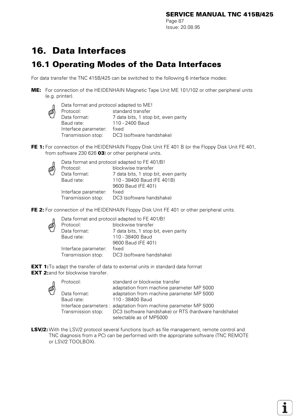 Data interfaces, 1 operating modes of the data interfaces | HEIDENHAIN TNC 415 (259 9x0) Service Manual User Manual | Page 92 / 252