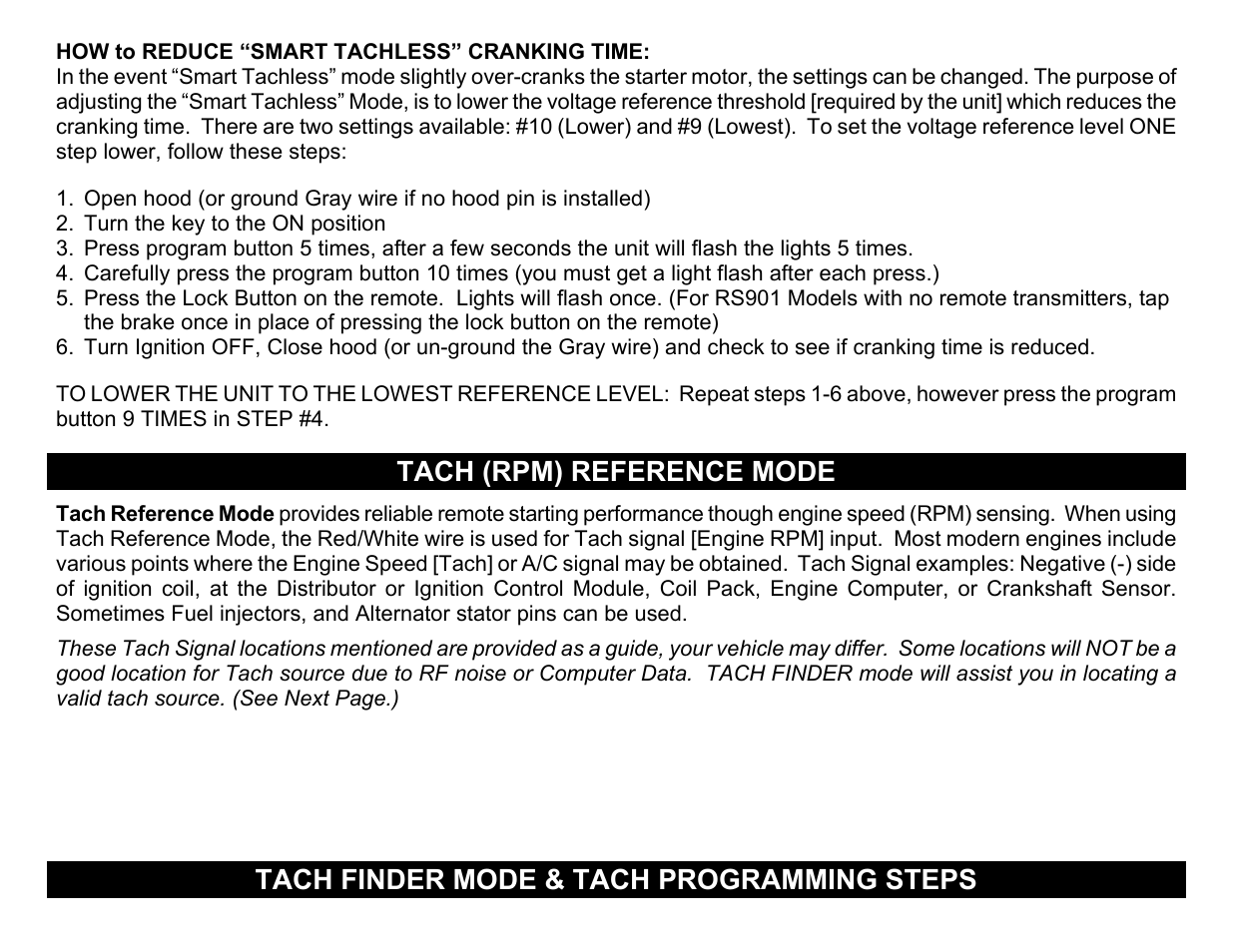 Tach (rpm) reference mode, Tach finder mode & tach programming steps | Crimestopper Security Products RS999 User Manual | Page 11 / 26