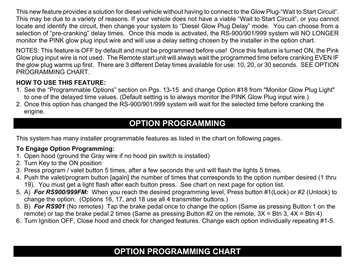 Option programming, Option programming chart | Crimestopper Security Products RS999 User Manual | Page 14 / 26