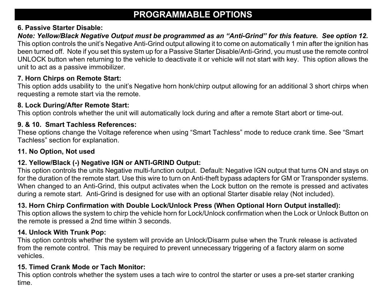 Programmable options, No option, not used | Crimestopper Security Products RS999 User Manual | Page 17 / 26