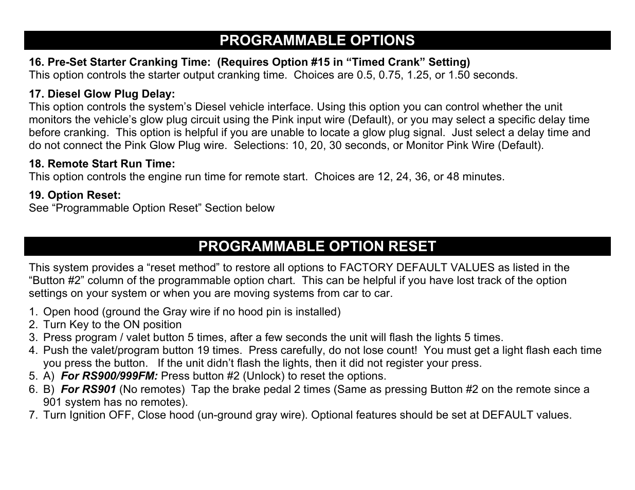 Programmable options, Programmable option reset | Crimestopper Security Products RS999 User Manual | Page 18 / 26
