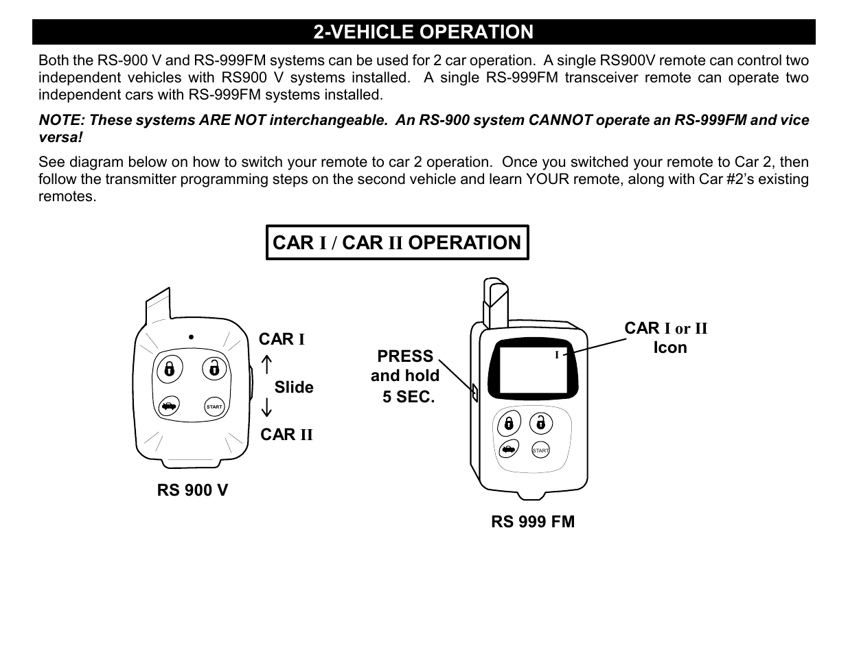 Vehicle operation, Car i / car ii operation, Car i | Car ii slide press rs 900 v and hold 5 sec, Car i or ii icon rs 999 fm | Crimestopper Security Products RS999 User Manual | Page 20 / 26