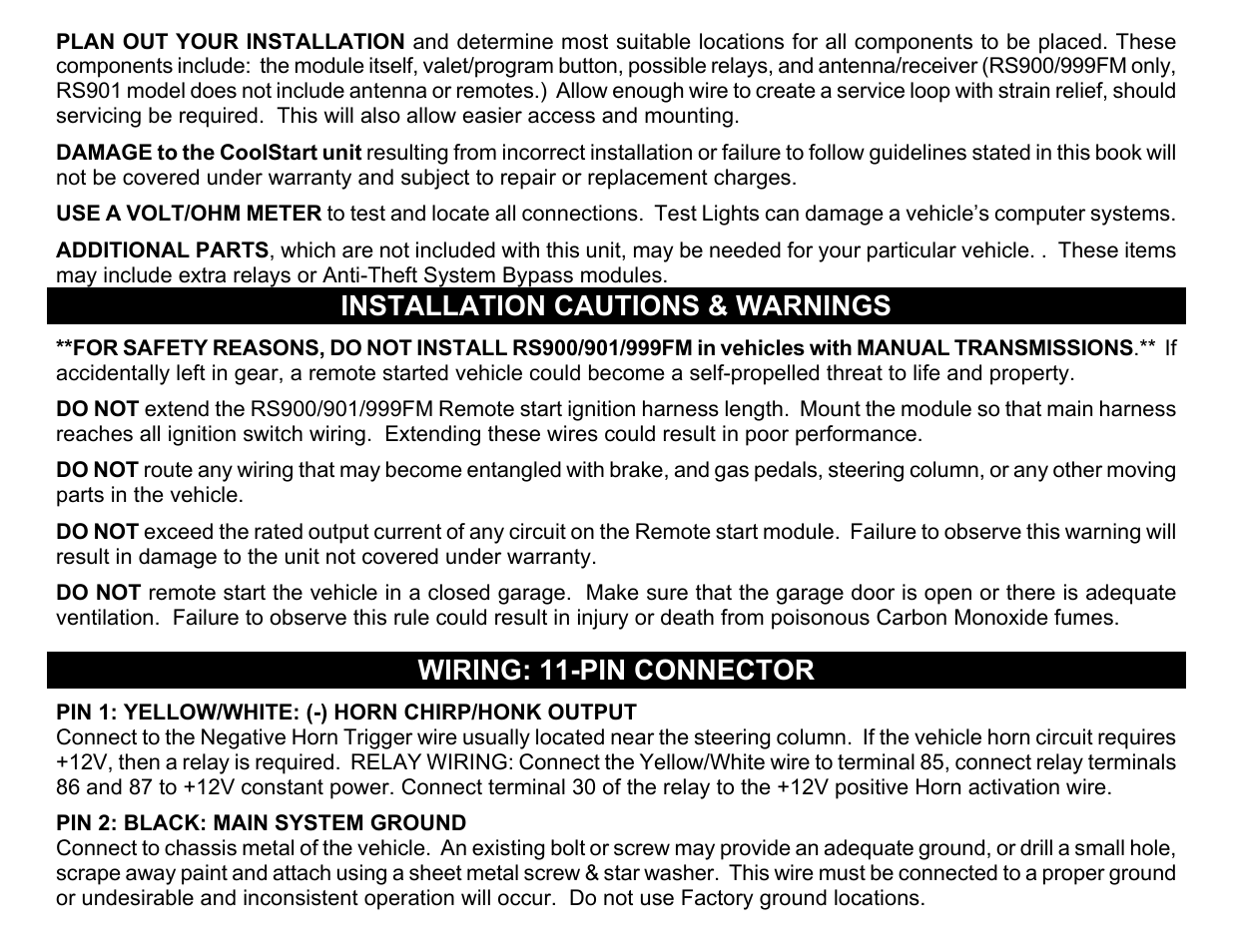Installation cautions & warnings, Wiring: 11-pin connector | Crimestopper Security Products RS999 User Manual | Page 3 / 26
