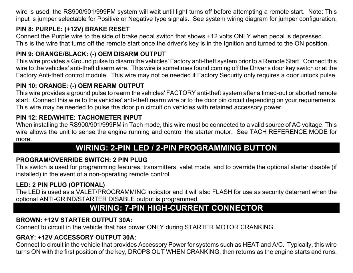Wiring: 2-pin led / 2-pin programming button, Wiring: 7-pin high-current connector | Crimestopper Security Products RS999 User Manual | Page 6 / 26