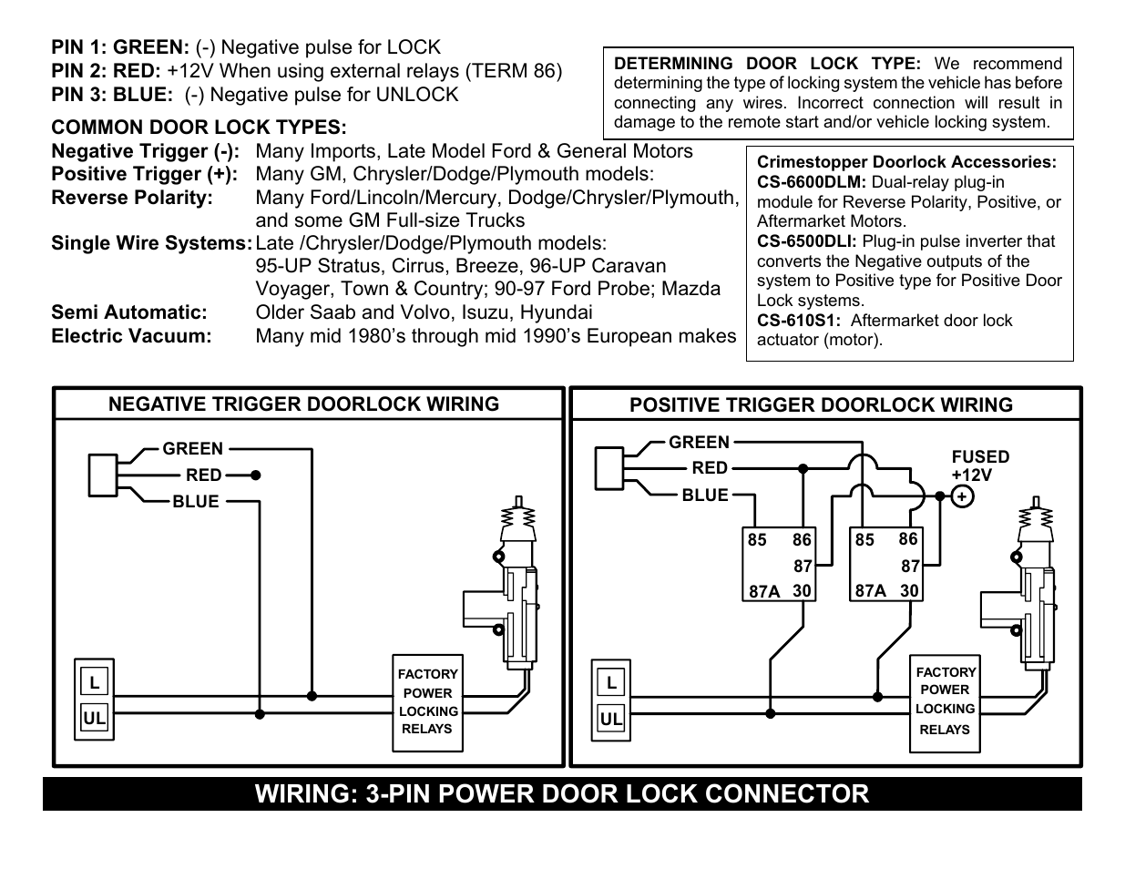 Wiring: 3-pin power door lock connector | Crimestopper Security Products RS999 User Manual | Page 9 / 26