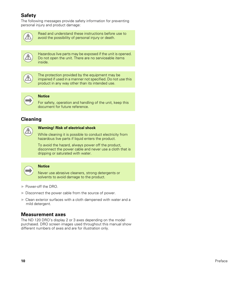 Safety, Cleaning, Measurement axes | HEIDENHAIN ND 100 User Manual User Manual | Page 10 / 116