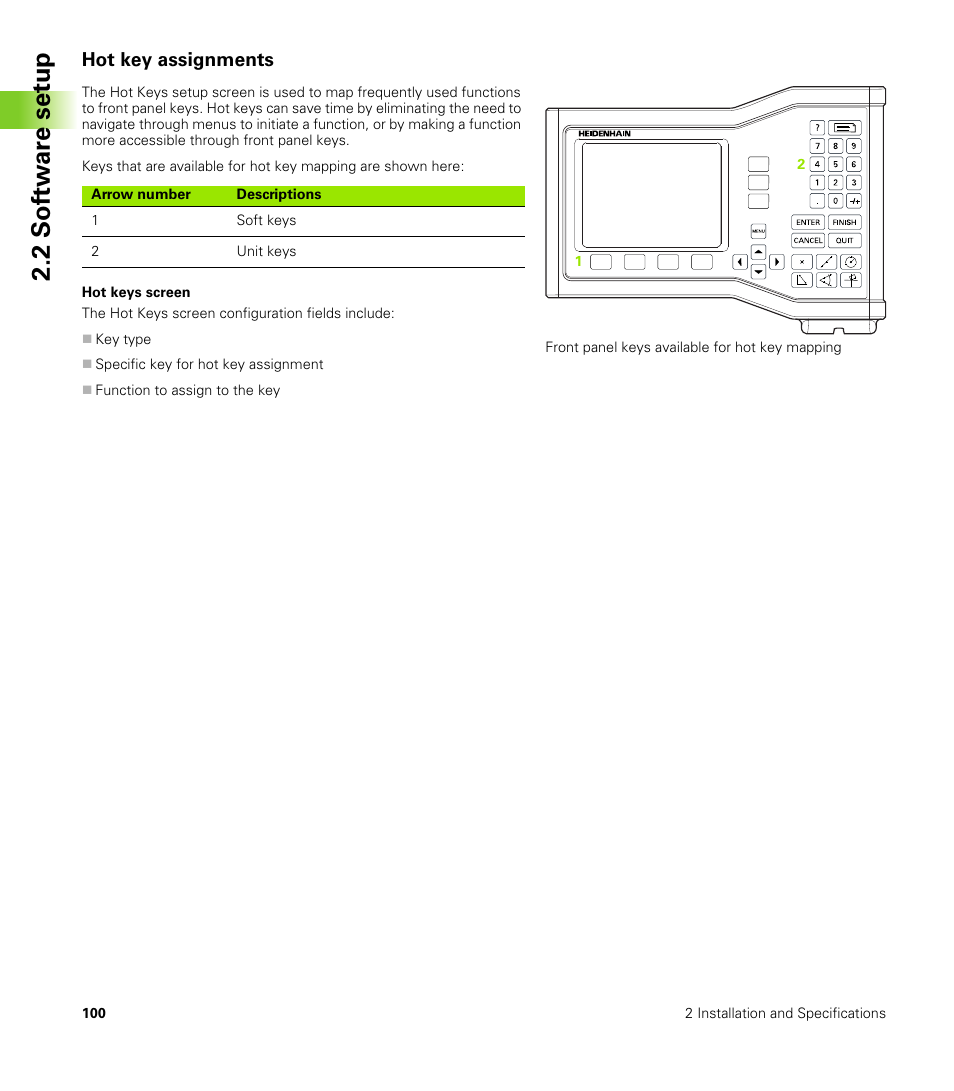 Hot key assignments, Hot keys screen, 2 s o ft wa re s e tu p | HEIDENHAIN ND 100 User Manual User Manual | Page 100 / 116
