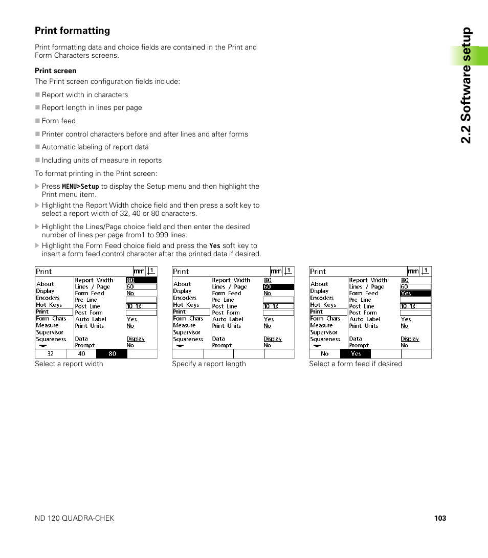 Print formatting, Print screen, 2 s o ft wa re s e tu p | HEIDENHAIN ND 100 User Manual User Manual | Page 103 / 116