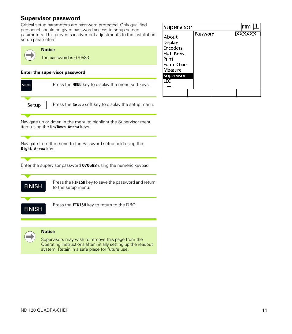 Supervisor password | HEIDENHAIN ND 100 User Manual User Manual | Page 11 / 116