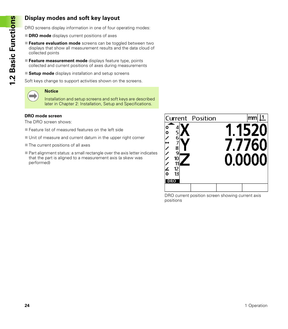 Display modes and soft key layout, Dro mode screen, 2 basic f unctions | HEIDENHAIN ND 100 User Manual User Manual | Page 24 / 116