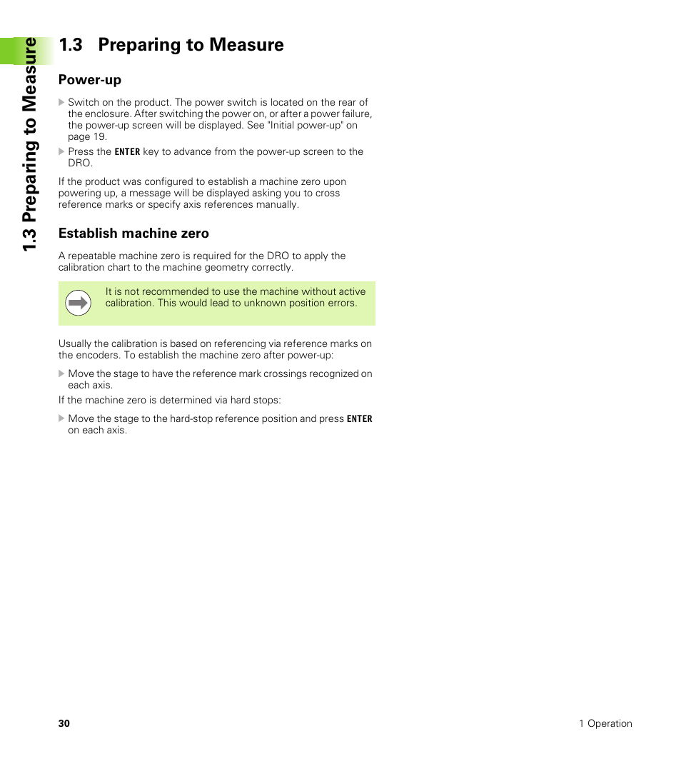 3 preparing to measure, Power-up, Establish machine zero | Power-up establish machine zero | HEIDENHAIN ND 100 User Manual User Manual | Page 30 / 116